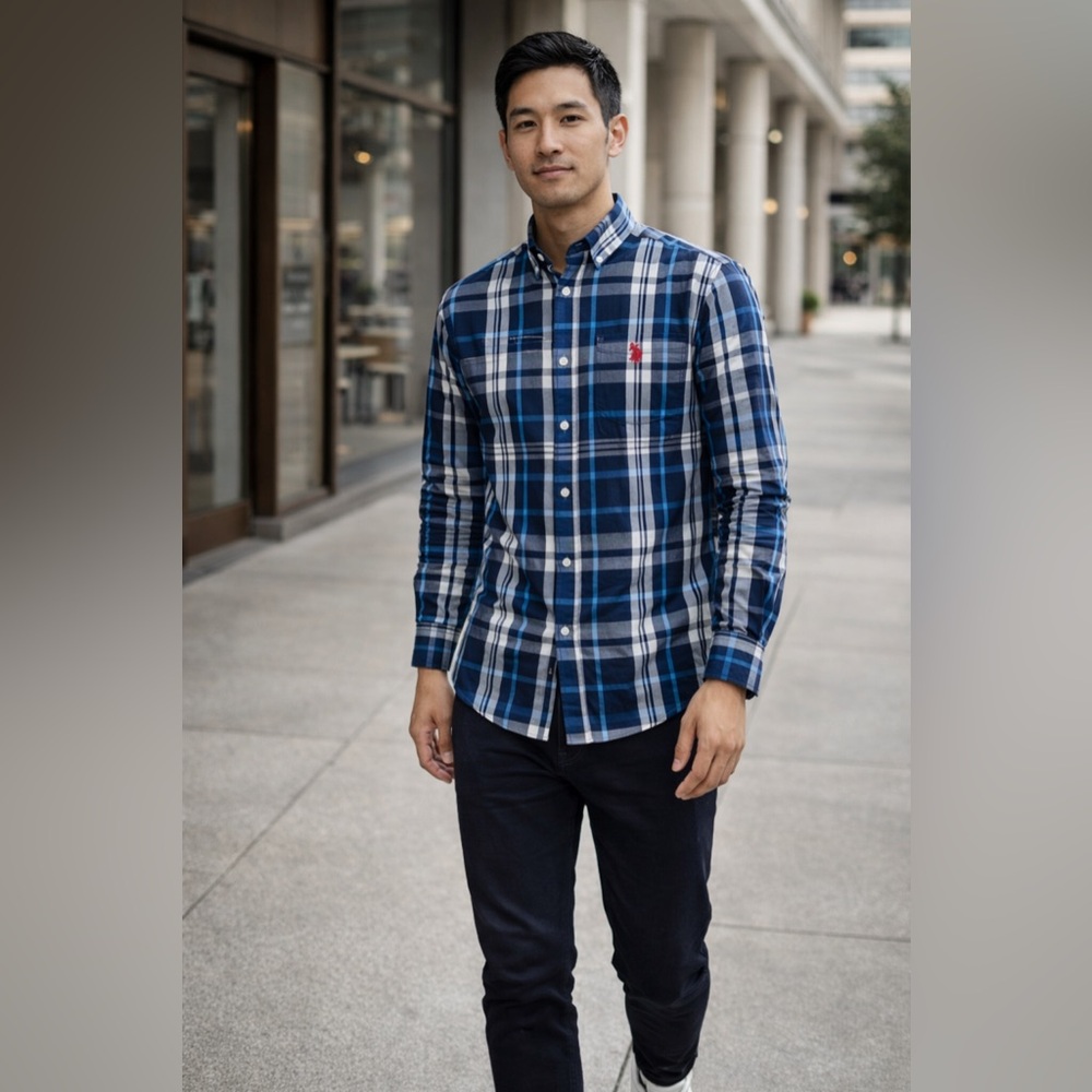 U.S. Polo Assn Blue Plaid Button Down Shirt Mens Small Stretch Cotton